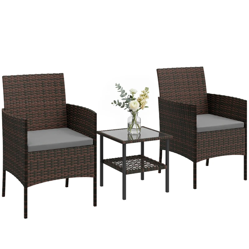 Outsunny Wicker Bistro Set, 3 Piece Patio Furniture Set with 2-Tier Glass Top Table, Cushions for Balcony, Porch, Dark Grey