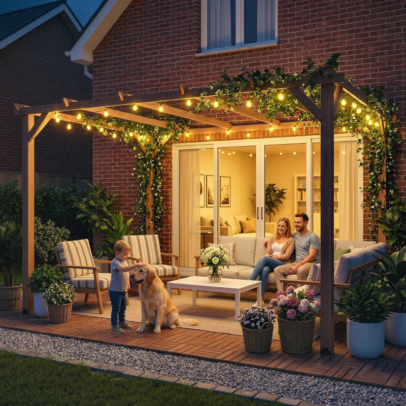 Outsunny 10' x 13' Wooden Pergola, Outdoor Pergola Gazebo Grape Trellis with Triangle Supports, Concrete Anchors, Nature Wood