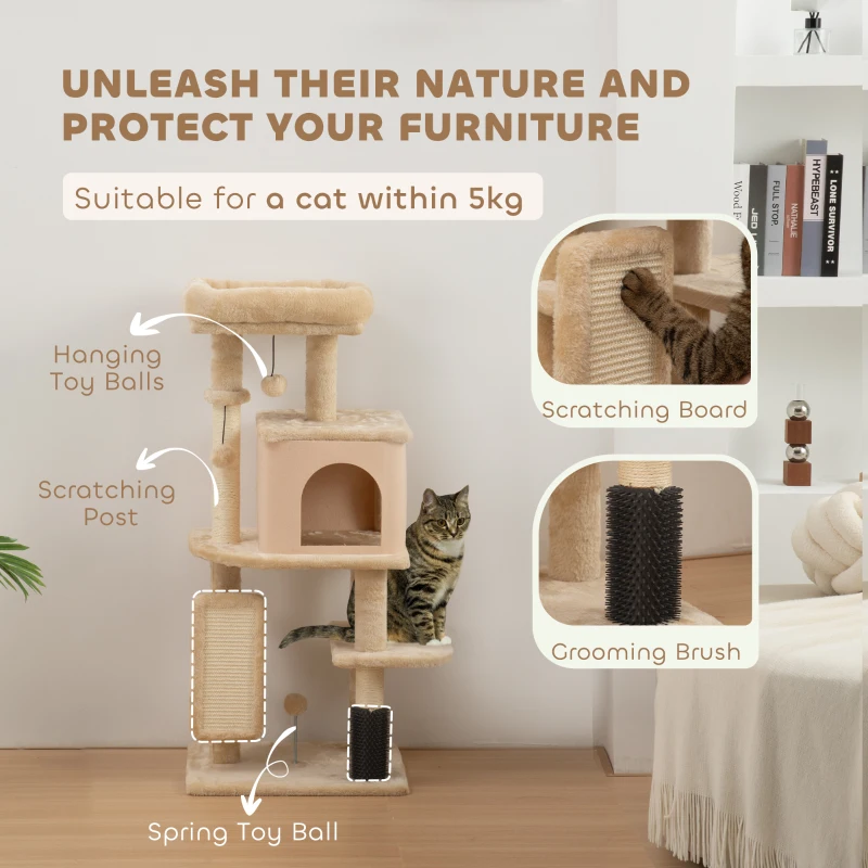 PawHut 41 Inch Cat Tree with Scratching Posts, Cat Bed, Condo, Grooming Brush, Jumping Platforms, Toy Balls, Anti-tip Kit