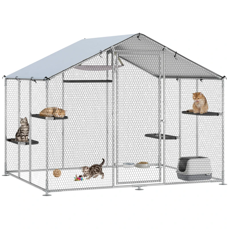 PawHut Large Catio Outdoor Cat Enclosure with Waterproof Cover, Walk-in Cat Patio w/ 5 Adjustable Platforms & Hammock 94.5" L