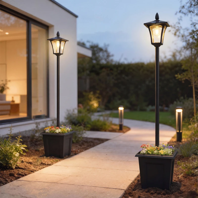 Outsunny 63" Solar Lamp Post Lights 2 Pack, Waterproof LED Solar Light Posts with Planter, Black