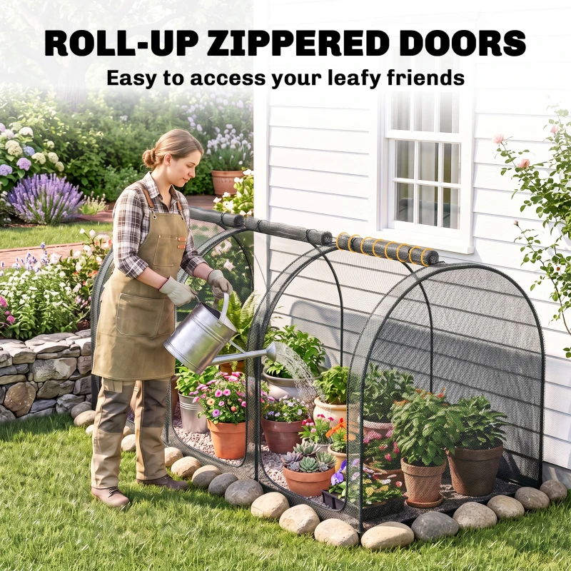 Outsunny 9' x 4' Crop Cage, Plant Protection Tent with Three Zippered Doors, Steel Frame, Storage Bag and 4 Ground Stakes, for Garden, Yard, Lawn, Black