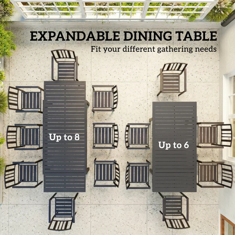 Outsunny Expandable Outdoor Dining Table for 6-8 People, 59"-89" Aluminum Patio Dining Table with Slatted Top, Dark Grey