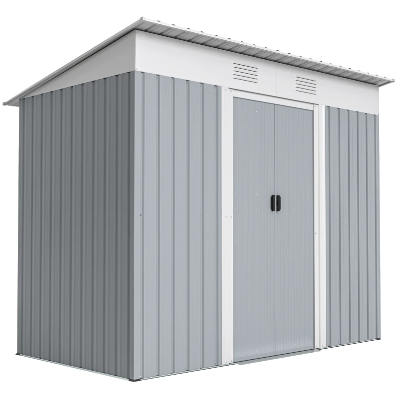 Outsunny 7' x 3.6' Outdoor Storage Shed, Metal Garden Shed with Lockable Sliding Doors and Vents, Grey