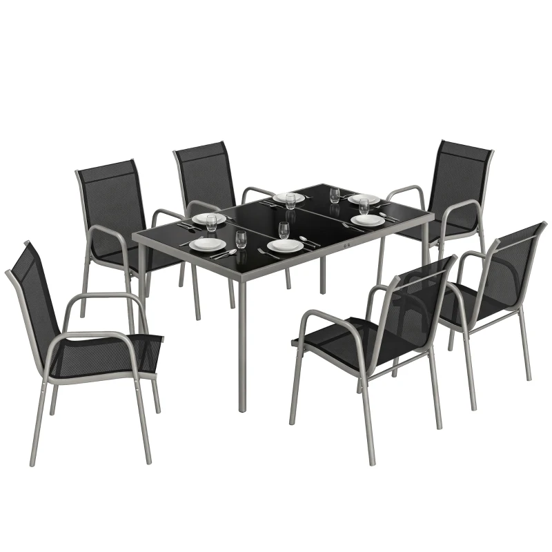 Outsunny 7 Piece Garden Dining Set, Garden Furniture Set with Rectangle Table and 6 Stackable Chairs