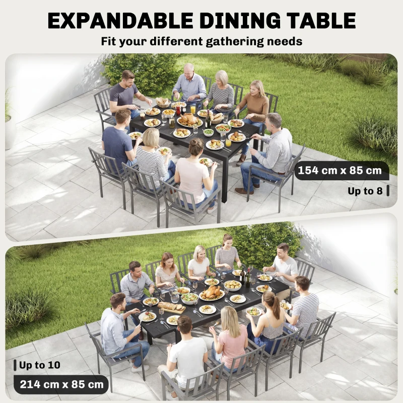 Outsunny Expandable Patio Dining Table for 8-10 People, 60.6"/84.3" Aluminum Outdoor Dining Table with Adjustable Foot Pads