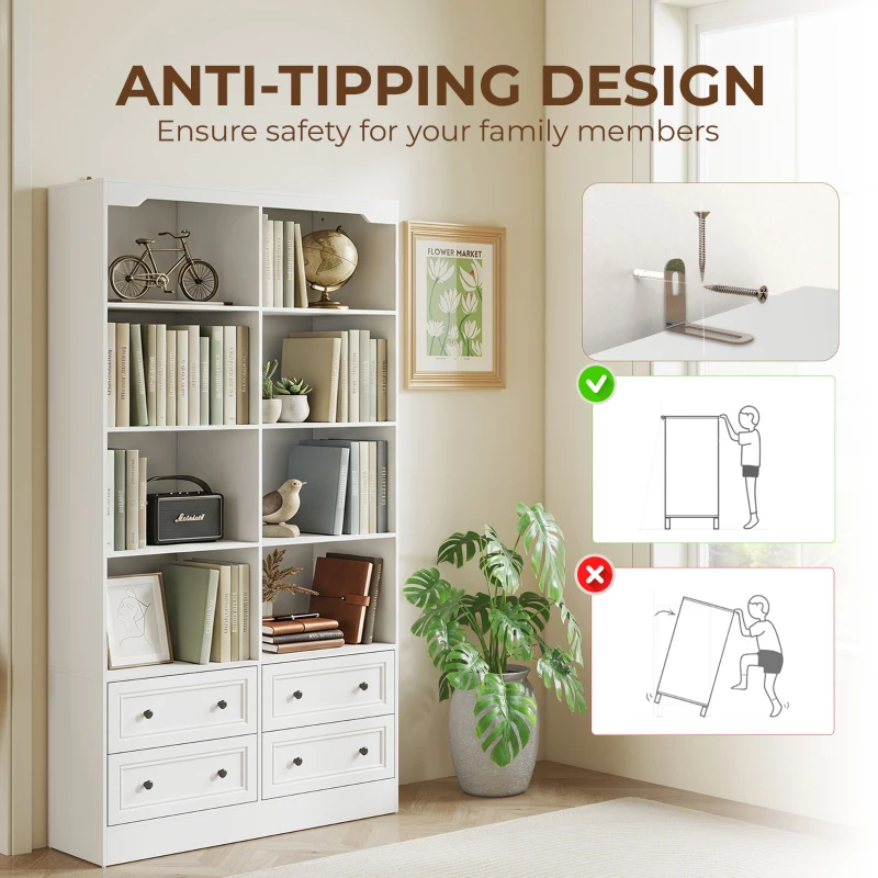 HOMCOM Bookshelf with 8 Cubbies and 4 Drawers, 5-Tier Double Wide Bookcase with Storage, Standing Book Cabinet, White