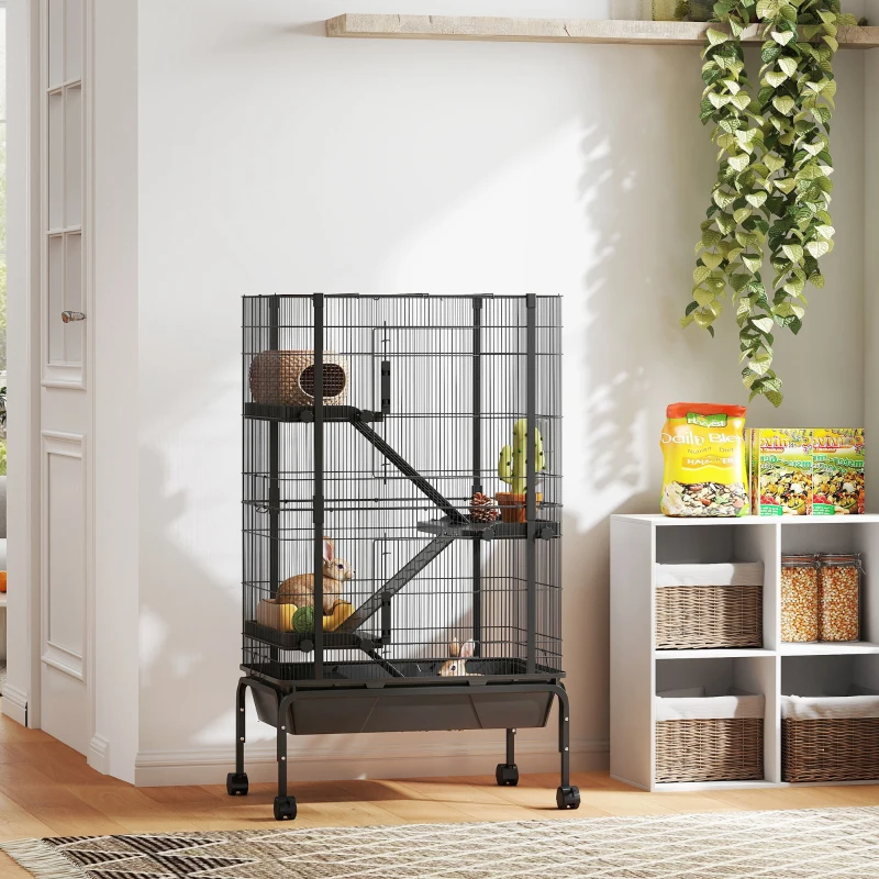 PawHut 47"H Ferret Cage, Large 4-Tier Guinea Pig Cage with Wheels, Ramps, Bowl, Water Bottle & Removable Tray, Black