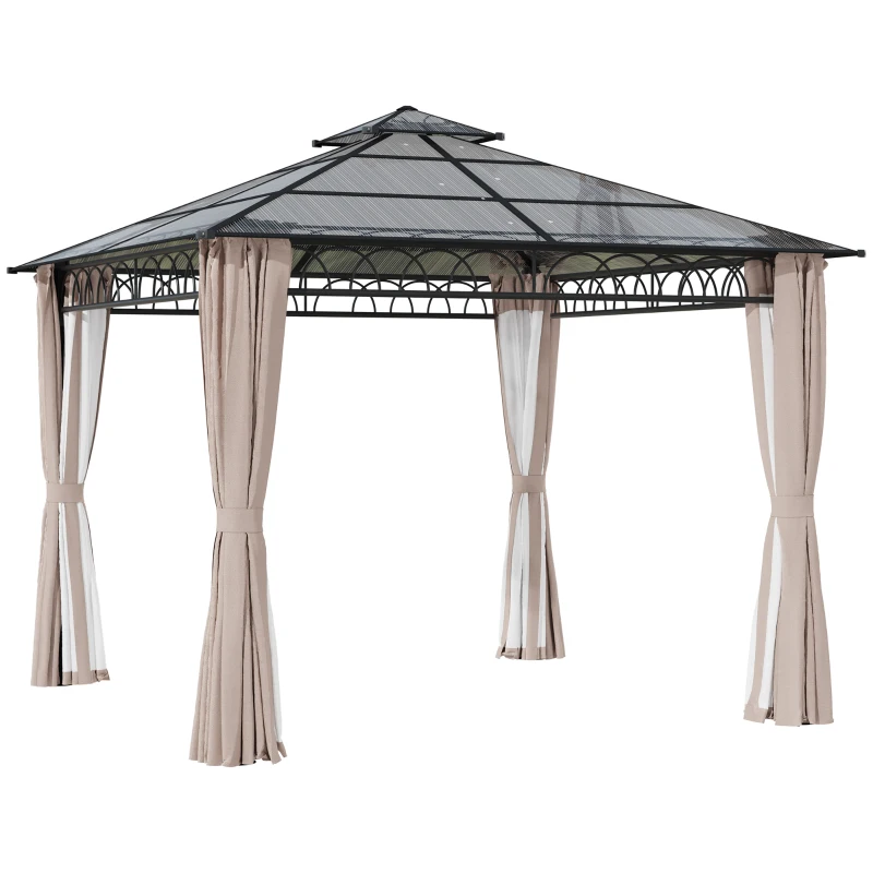 Outsunny 10' x 10' Outdoor Hardtop Gazebo Canopy w/ Double PC Roof, Steel Frame, Nettings, Curtains for Garden Lawn Deck, Khaki