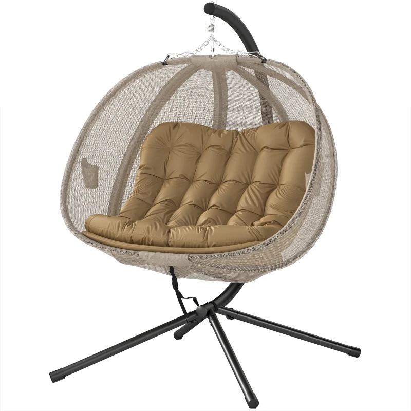 Outsunny Double Egg Chair with Stand, 2 Person Hanging Swing Egg Chair with Cushion, Pockets, Khaki
