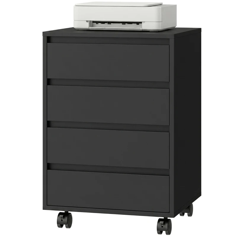 HOMCOM 4 Drawer File Cabinet, Vertical Filing Cabinet with Wheels, Modern Printer Stand for Home Office, Black