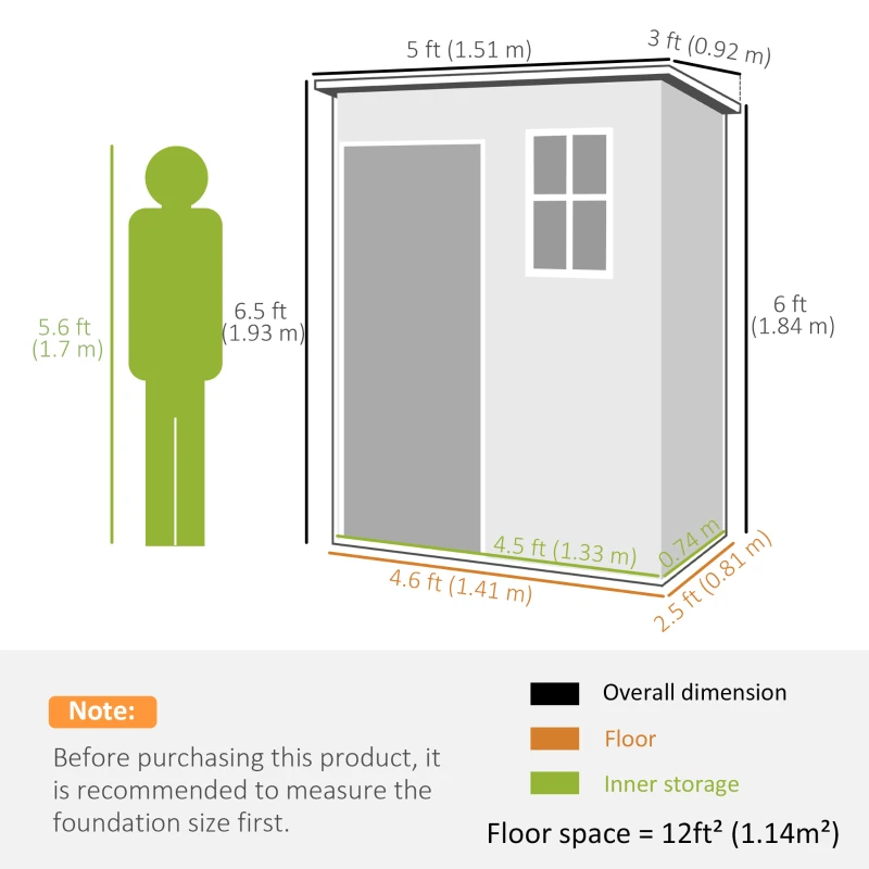 Outsunny 5 x 3FT Garden Shed with Floor, Outdoor Storage Shed with Lockable Door, Window and Vent for Backyard, Patio, Dark Grey