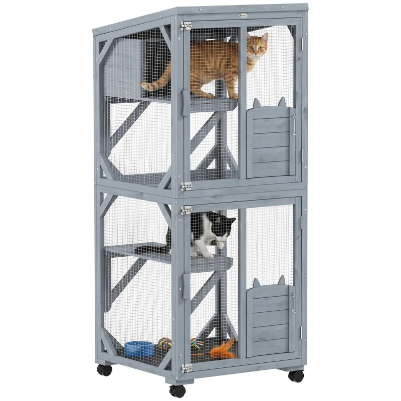 PawHut Movable Catio Outdoor Cat Enclosure with Resting Box, 3 Jumping Platforms, Waterproof Asphalt Roof for Outdoor Indoor