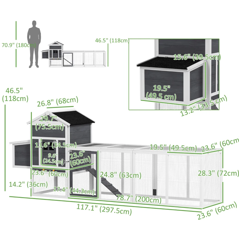 PawHut 117" Extra Large Chicken Coop with Asphalt Roof, Wooden Hen House with Slide-out Tray, Quail Hutch with Nesting Box, Grey
