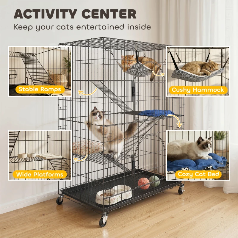 PawHut 4-Tier Cat Cage, Large Cat Enclosure with Lockable Wheels, Tray, Hammock, Bed, 3 Ramp, 3 Platforms for 3-5 Kittens