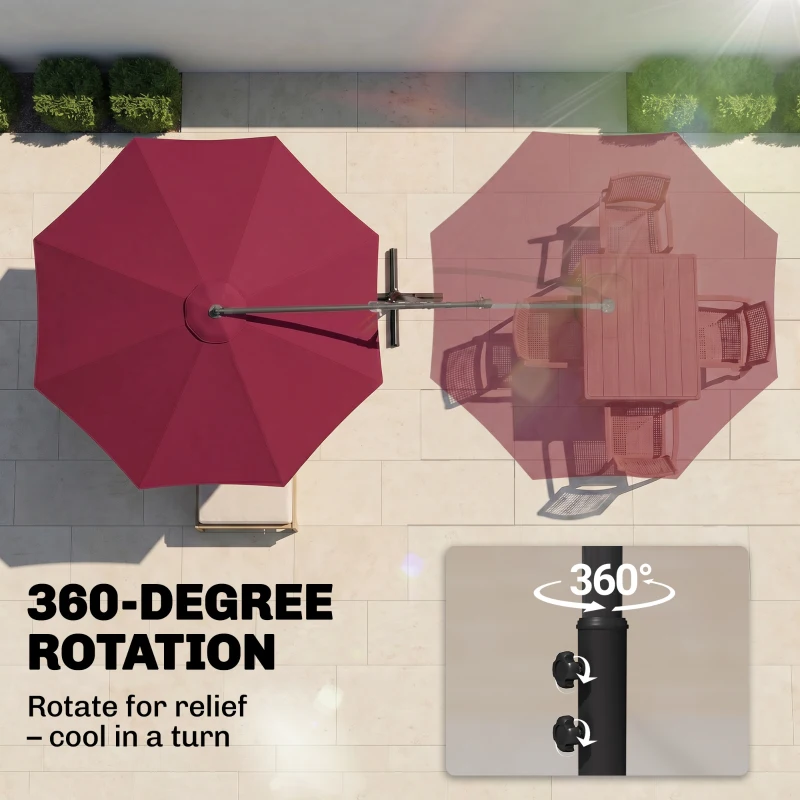 Outsunny 10' Deluxe Patio Umbrella, Outdoor Market Parasol, Banana Hanging Offset Sunshade with Crank, Cross Base, Wine Red