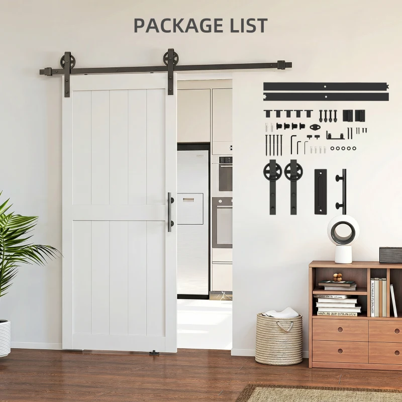 HOMCOM 32inx84in Barn Door with 6FT Sliding Door Hardware Kit, Handle, Upgraded Rollers and Floor Guide, Waterproof, White