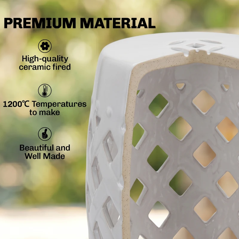 Outsunny 12.4" x 17.9" Ceramic Garden Stool with Woven Lattice Design, Indoor & Outdoor Decorative Accent Stool, White