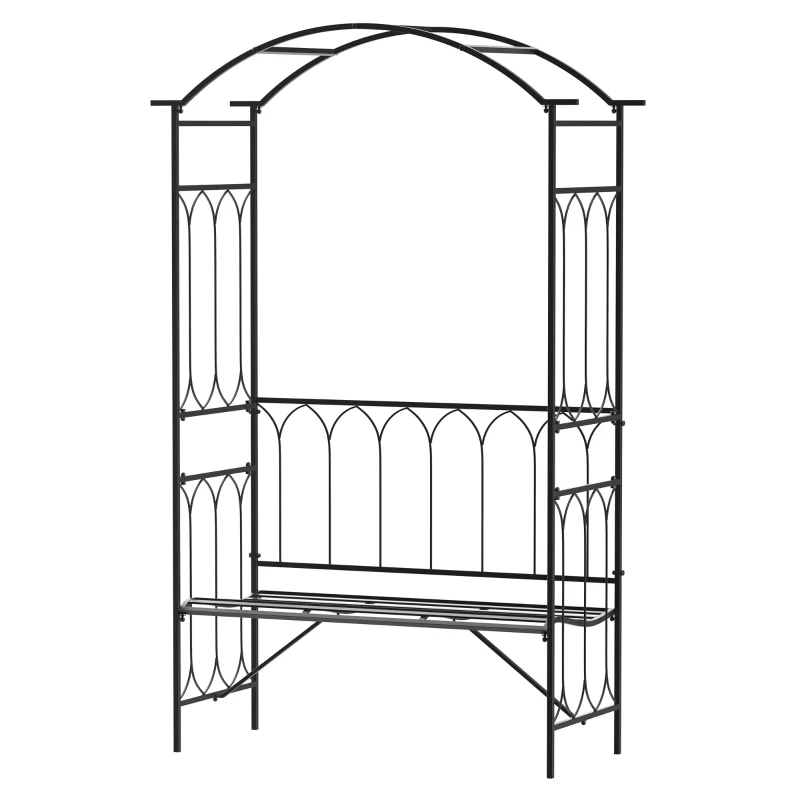 Outsunny 80" Tall Fairy Garden Arbor Arch with Bench Metal Outdoor Plant Climbing Support Trellis with 2 Seater Bench for Rose Vines Black
