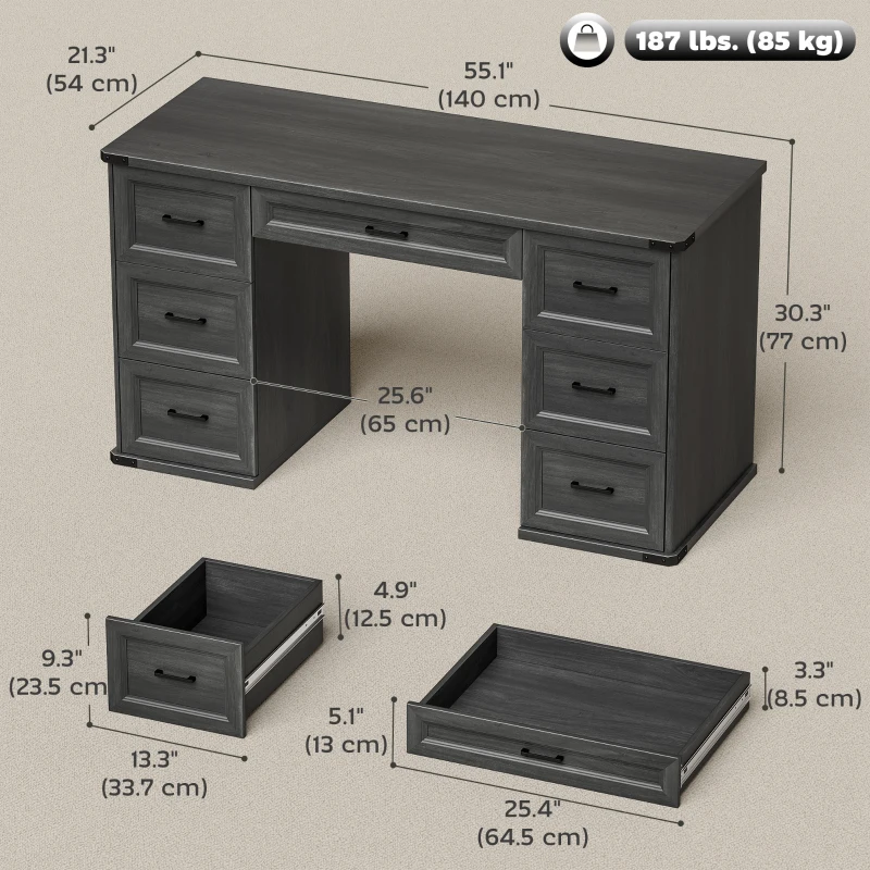 HOMCOM 55" Computer Desk with 7 Drawers, Farmhouse Executive Desk for Home Office, Study, Bedroom, Black Wood Grain