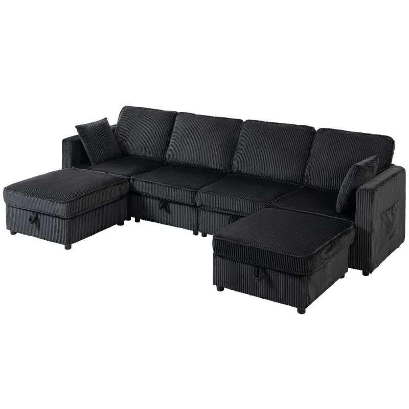 HOMCOM Modular Sofa, U-Shaped Corduroy Couch with Dual Storage Ottoman, Under-Seat Storage, 4 Pillows, Dark Grey
