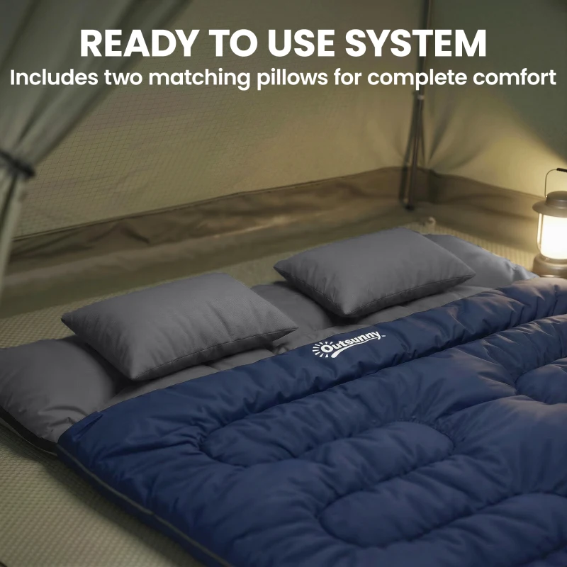 Outsunny Double Sleeping Bag for Adults, Queen Size 2 Person Sleeping Bag with 2 Pillows, for Cold Weather & Warm, Blue