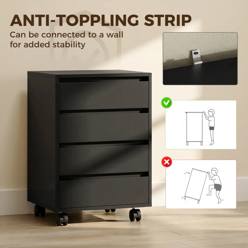 HOMCOM 4 Drawer File Cabinet, Vertical Filing Cabinet with Wheels, Modern Printer Stand for Home Office, Black