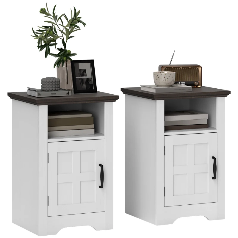 HOMCOM Set of 2 Side Tables with Barn Door and Open Shelf, Farmhouse End Tables with Cabinet, Nightstands for Living Room