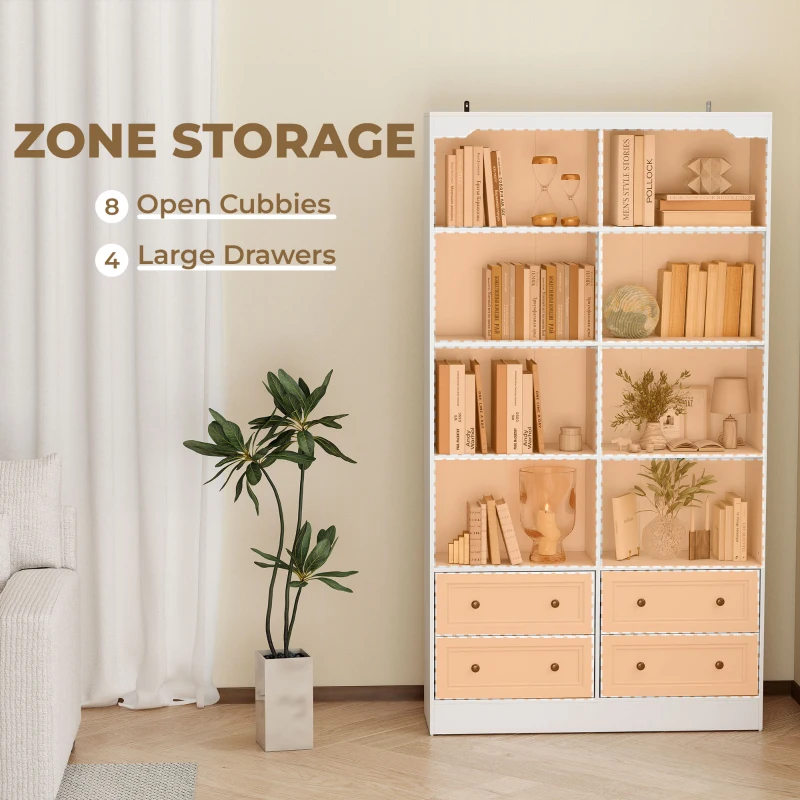 HOMCOM Bookshelf with 8 Cubbies and 4 Drawers, 5-Tier Double Wide Bookcase with Storage, Standing Book Cabinet, White