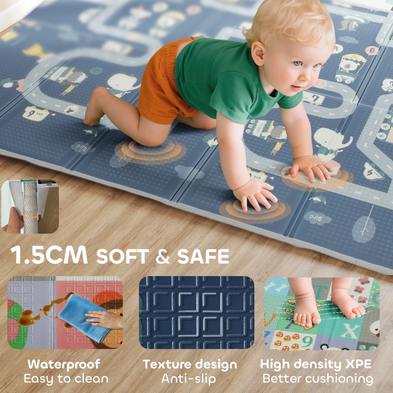 Qaba Foldable Baby Plat Mat, 79" x 59" Kids Floor Mat for Crawling and Learning, Alphabet & Track Theme