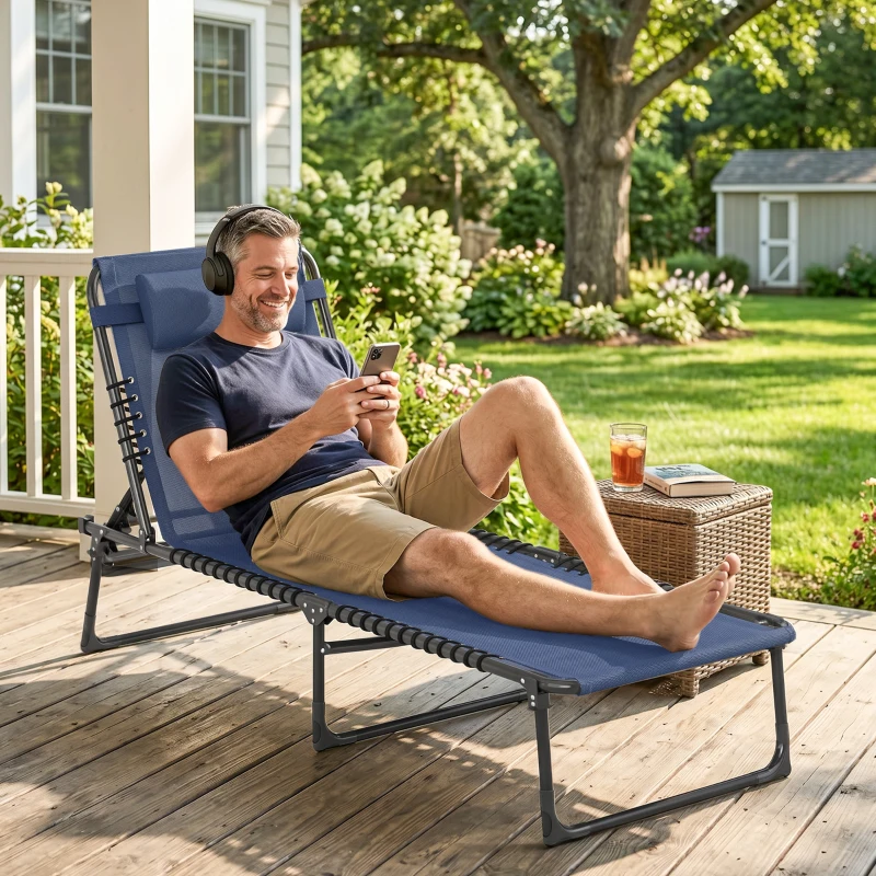 Outsunny Folding Chaise Lounge Pool Chair with 4-Position Reclining Back, Pillow, Breathable Mesh & Bungee Seat, Dark Blue