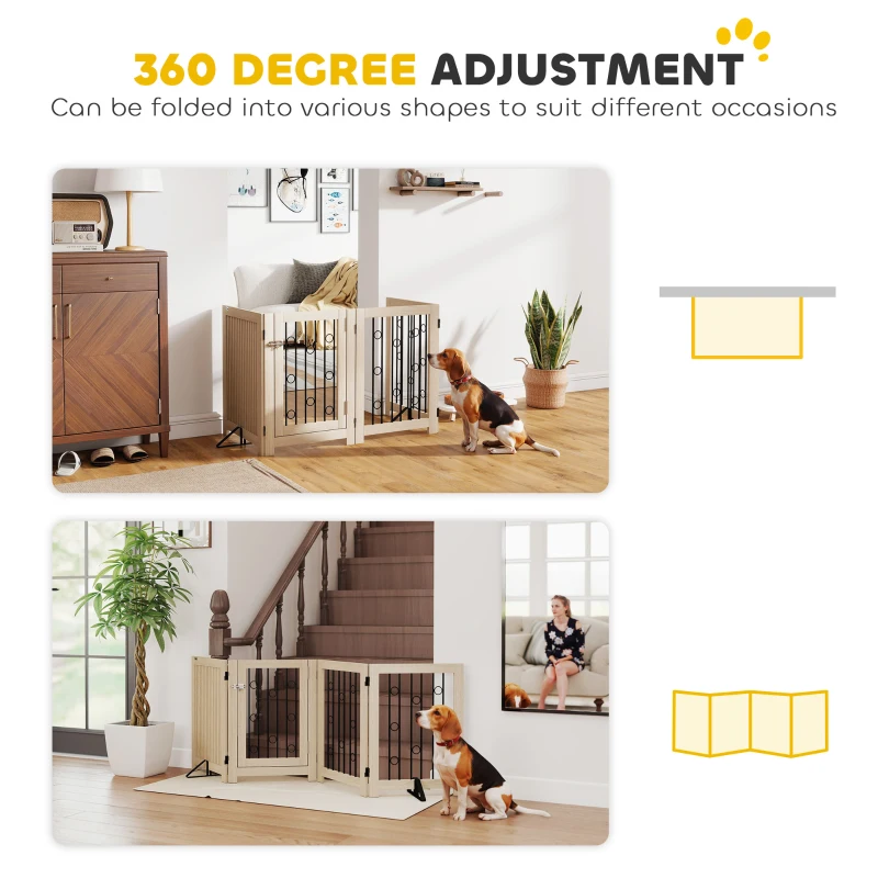 PawHut reestanding Dog Gate, Wooden Foldable Pet Gate with 4 Panels, Walk-Through Door, Support Feet, Non-Slip Mats