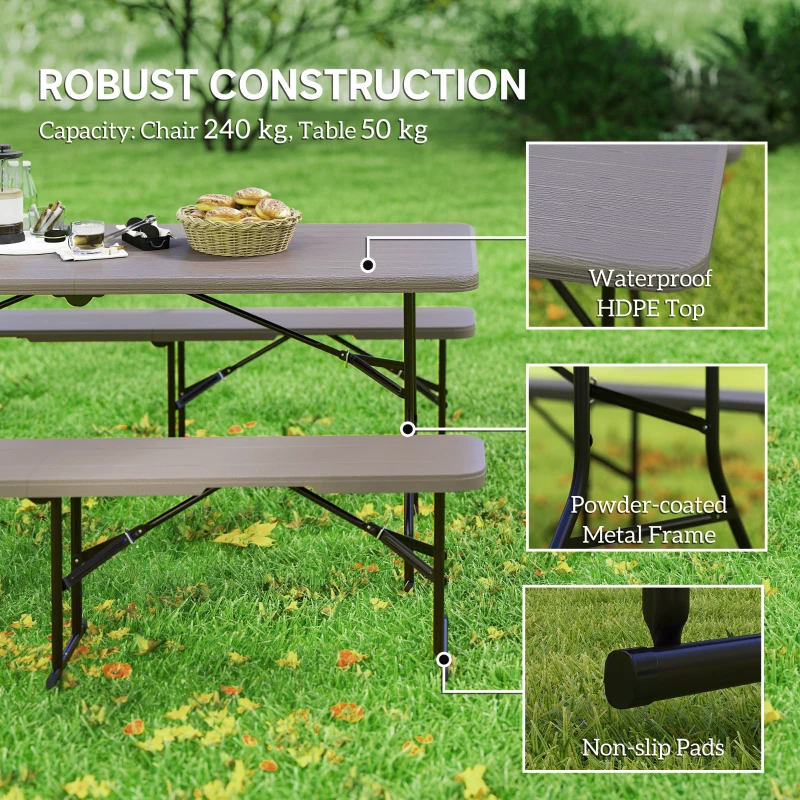 Outsunny 6FT 3PCS Faux Rattan Outdoor Camping Table Bench Set with Carrying Handles, Folding Picnic Table with 2 Benches, Brown