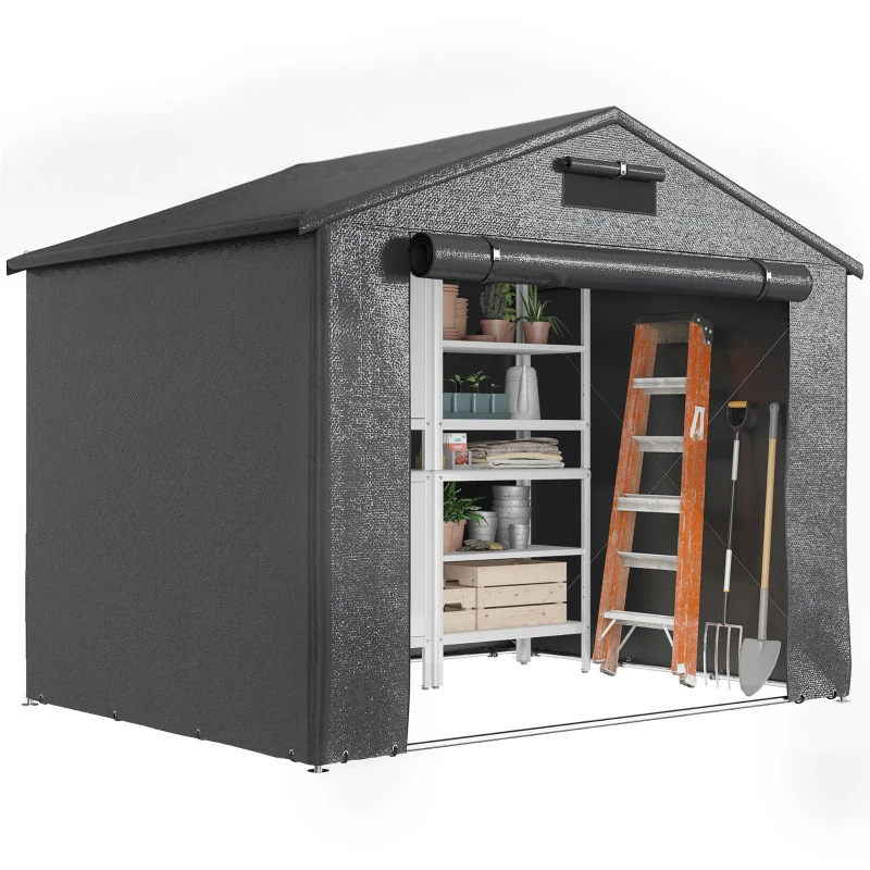 Outsunny 8' x 6' Portable Shed, Waterproof Bike Tent with Roll-up Zipper Door, Vent and Galvanised Metal Frame, Dark Grey