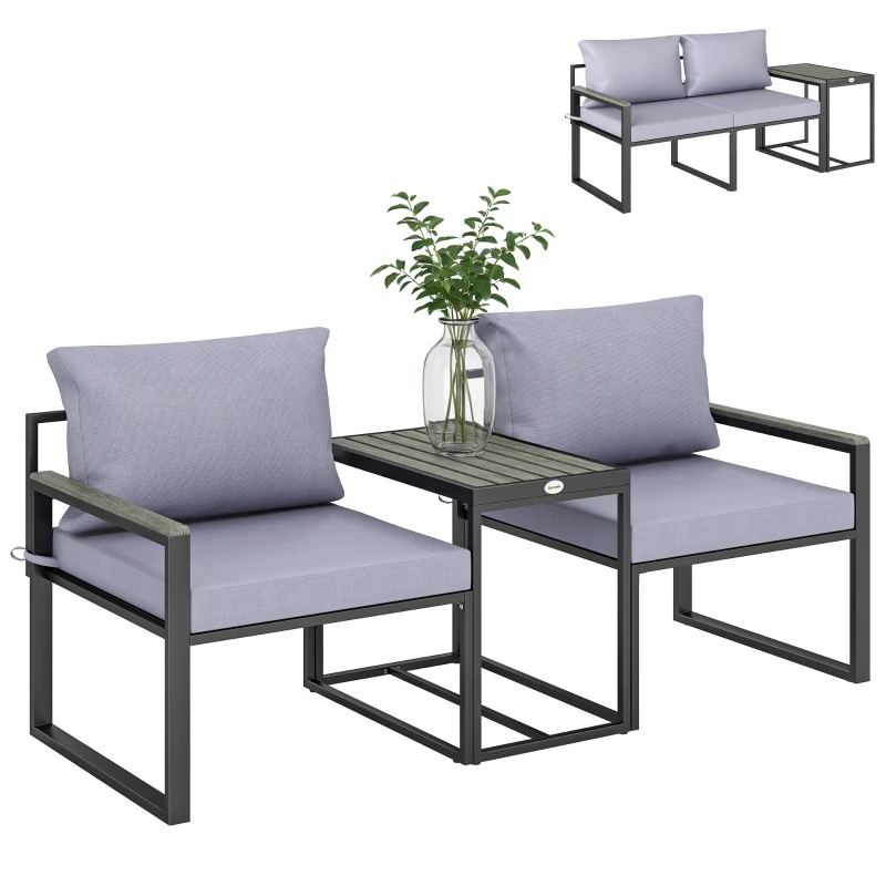 Outsunny Outdoor Bistro Set, Patio Furniture Set with 2 Chairs and Side Table for Garden Balcony Poolside, Grey