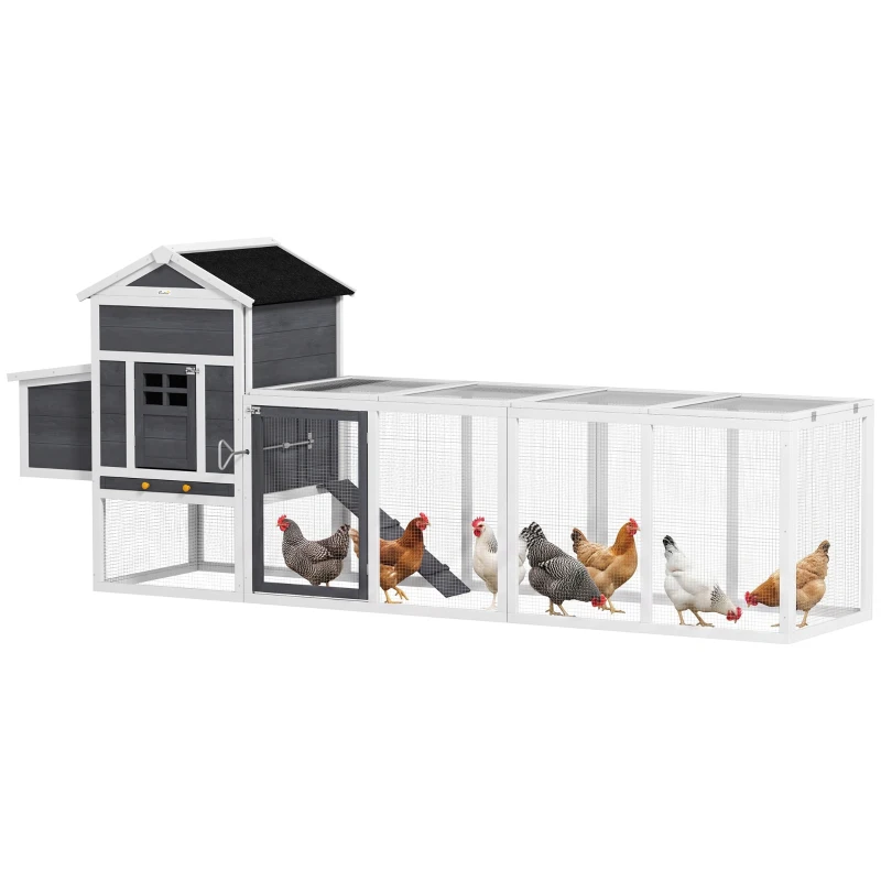 PawHut 117" Extra Large Chicken Coop with Asphalt Roof, Wooden Hen House with Slide-out Tray, Quail Hutch with Nesting Box, Grey