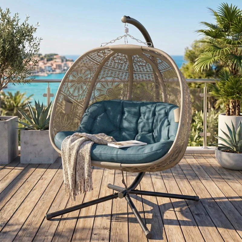 Outsunny Hanging Egg Chair with Stand, Foldable Basket Swing Chair with Removable Washable Cushion, Dark Grey