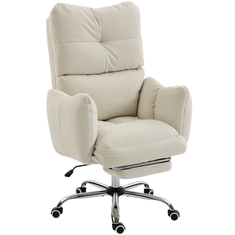 HOMCOM Office Chair with Foot Rest, Ergonomic Reclining Computer Gaming Chair with Snow Flannel Fabric, Thick Cushion, Cream