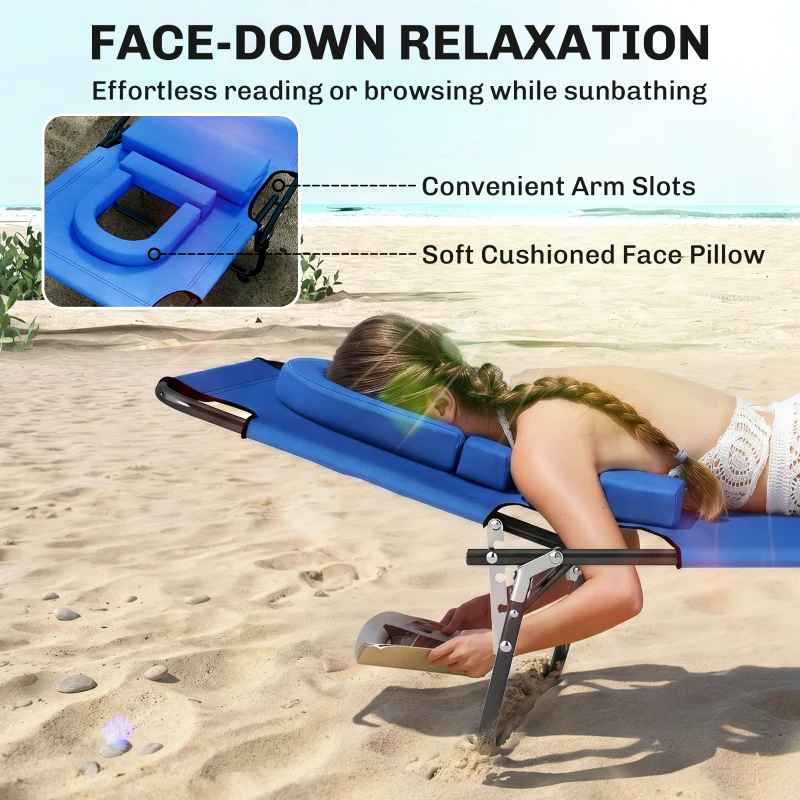 Outsunny Folding Chaise Lounge Chair, Reclining Beach Tanning Chair with Face Hole, Pillow, 4-Position Adjustable Lay Flat Sun Lounger, Steel Frame for Outdoor Patio Pool, Blue