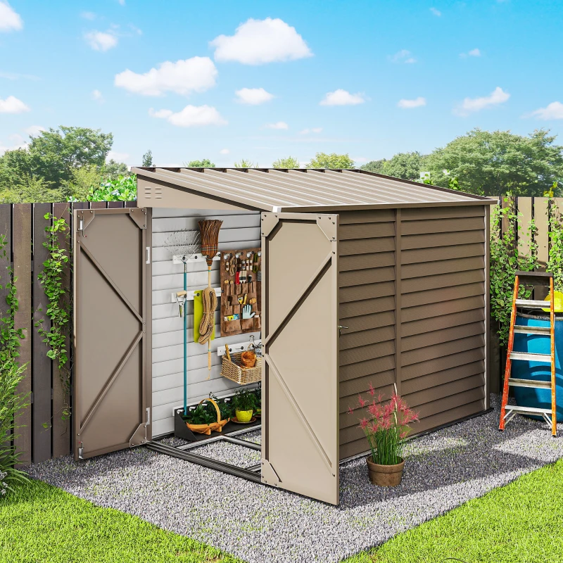 Outsunny 4.6' x 9' Steel Outdoor Storage Shed, Lean to Shed, Metal Tool House with Foundation Kit, Lockable Doors, Gloves and 2 Air Vents for Backyard, Patio, Lawn, Brown