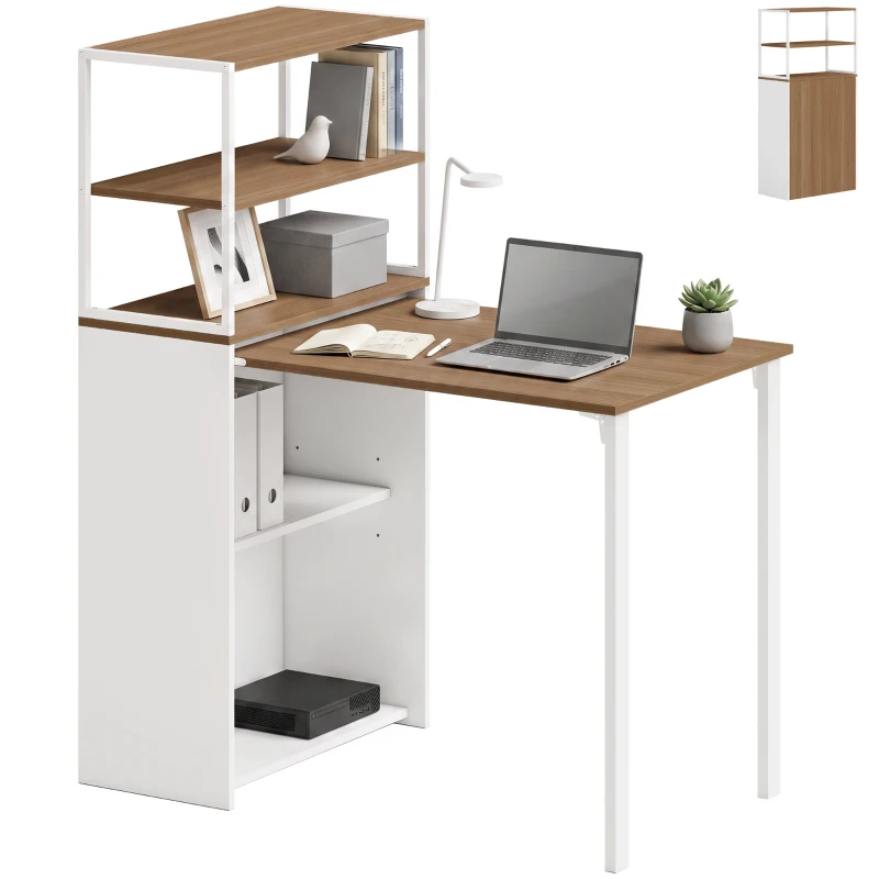 HOMCOM Folding Computer Desk with 4-Tier Bookshelf Space-Saving Home Office Desk, Natural