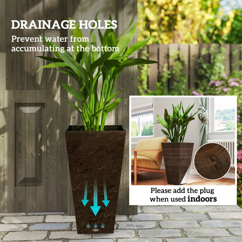 Outsunny Tall Planter for Outdoor Plants Set of 3, 28 Inch Taper Planter with Drainage Holes, Brown