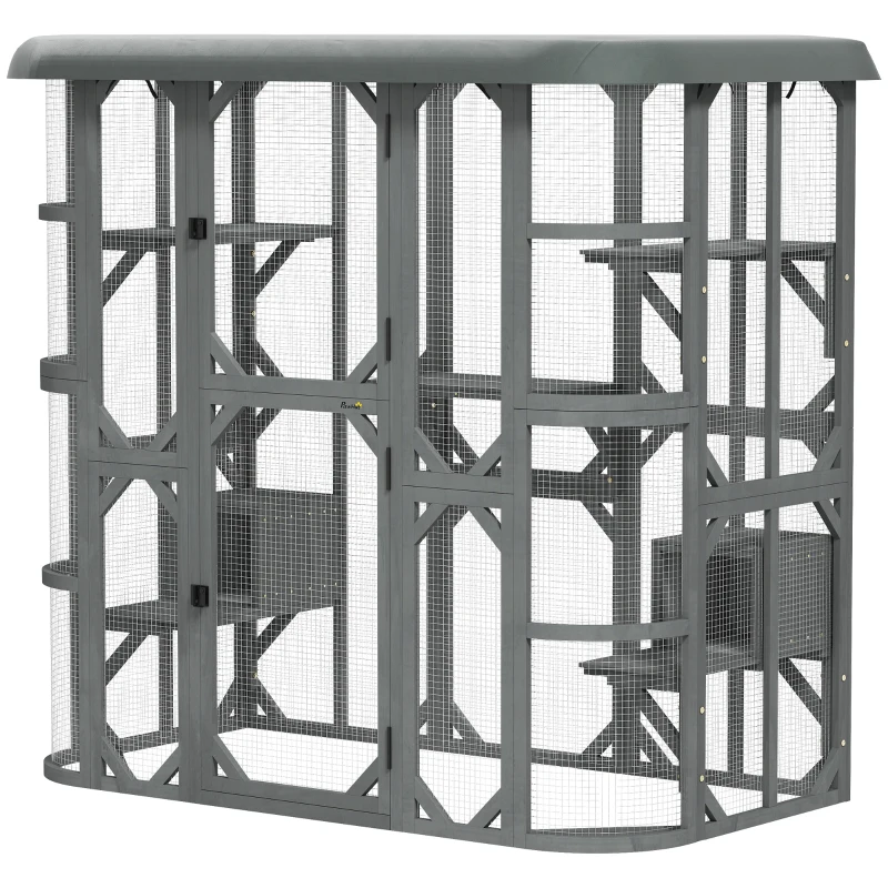 PawHut Catio Outdoor Cat Enclosure, 71" Wooden Cat House with Platforms, Condos and Waterproof Cover for 2–3 Kittens, Grey