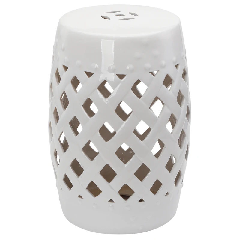 Outsunny 12.4" x 17.9" Ceramic Garden Stool with Woven Lattice Design, Indoor & Outdoor Decorative Accent Stool, White
