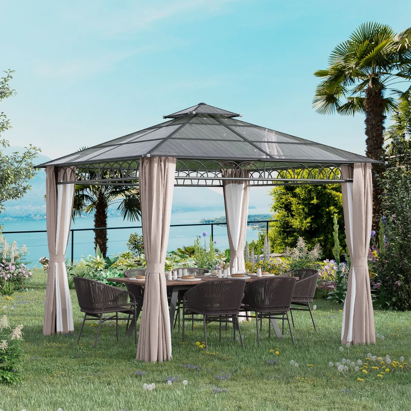Outsunny 10' x 10' Outdoor Hardtop Gazebo Canopy w/ Double PC Roof, Steel Frame, Nettings, Curtains for Garden Lawn Deck, Khaki