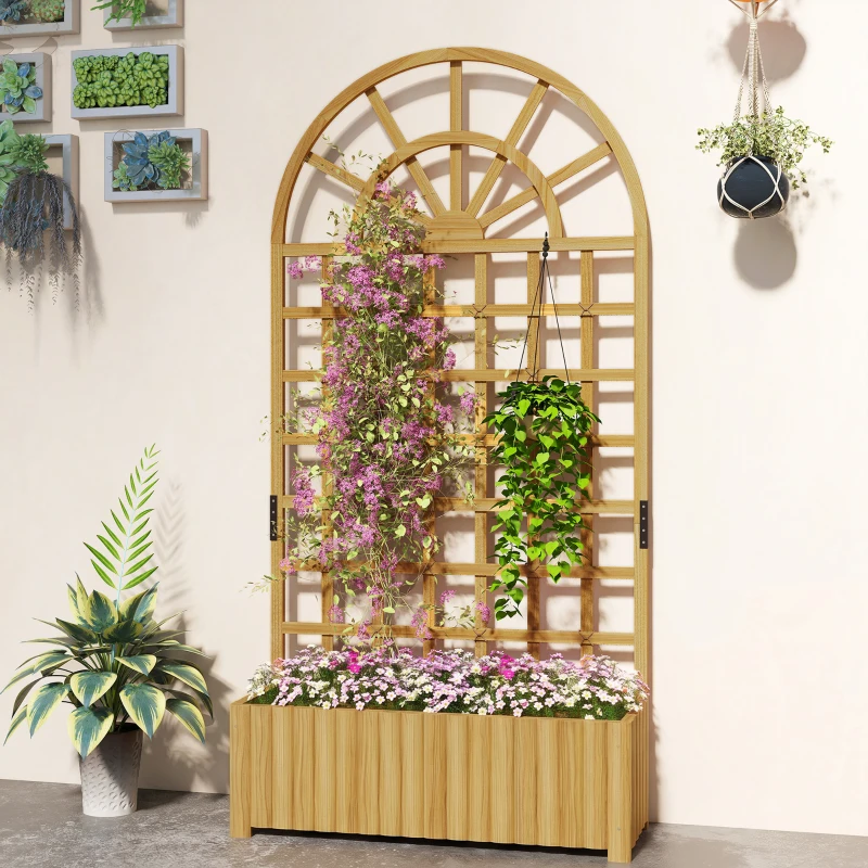 Outsunny Wooden Raised Garden Bed with Lattice Trellis, Outdoor Elevated Planter Box with Drainage Holes for Climbing Plants