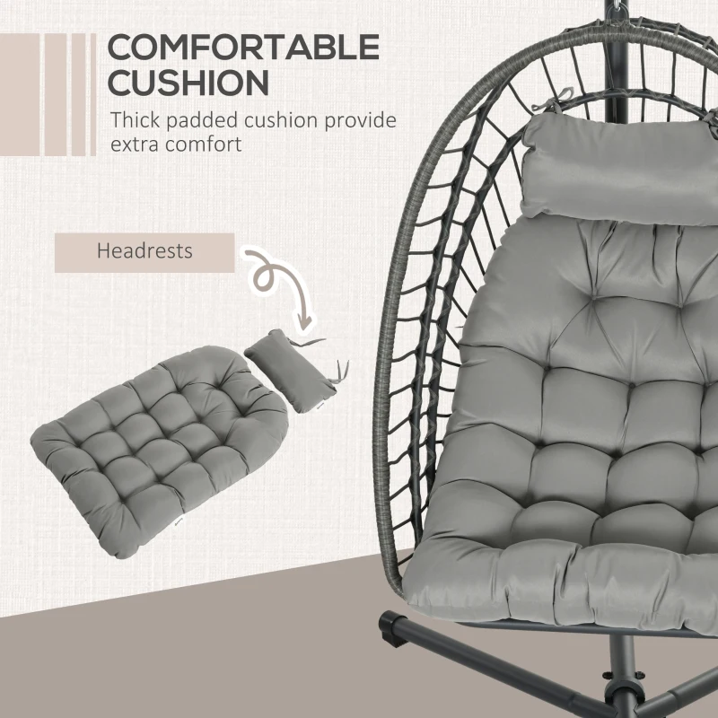 Outsunny Hanging Egg Chair with Stand, Foldable Wicker Rattan Swing Chair with Thick Cushion, Light Grey