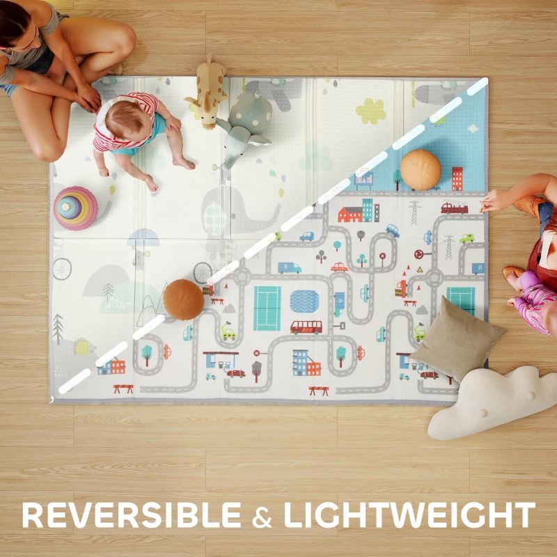 Qaba Foldable Baby Plat Mat, 79" x 59" Kids Floor Mat for Crawling and Learning, Track & Elephant Theme