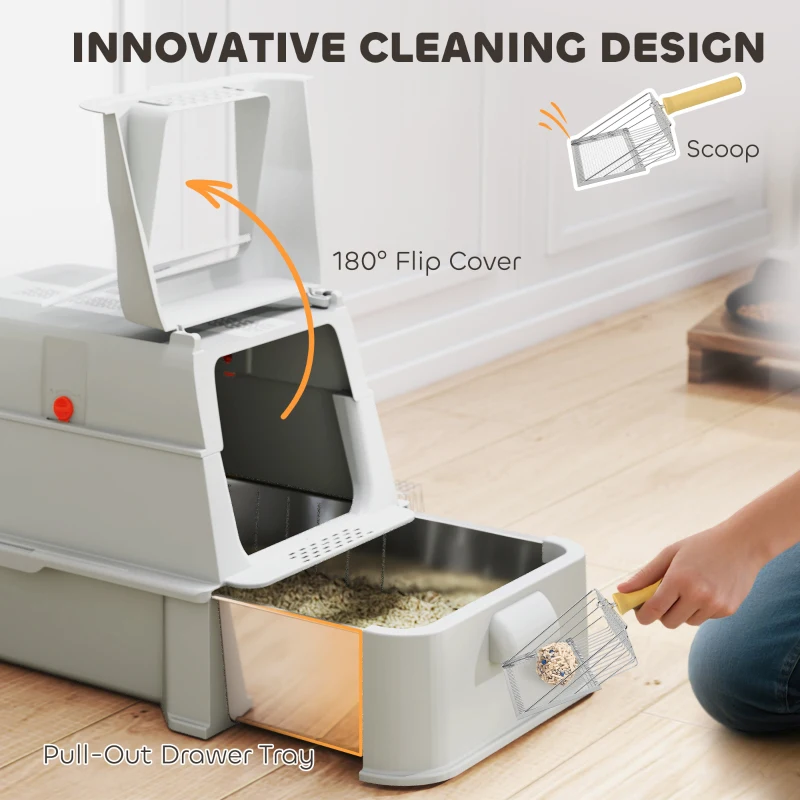 PawHut 80L XL Stainless Steel Cat Litter Box for Big Cats with Flip Cover, Pull-Out Drawer Tray, High Sided, Pedal, Light Grey