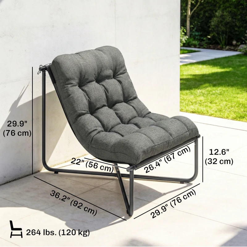 Outsunny Outdoor Patio Chair, Comfy Sling Lounge Chair with Cushion, Breathable Wide Seat, Steel Frame, Dark Grey